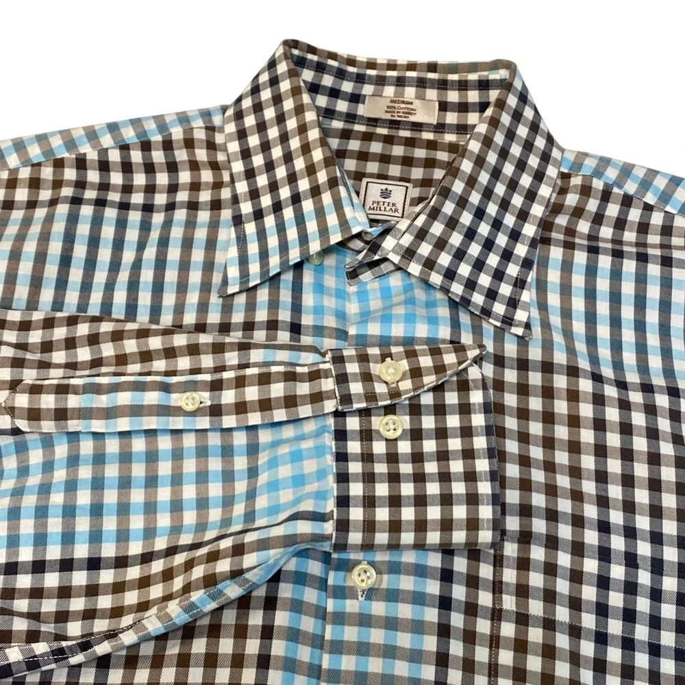 Peter Millar Mens Medium‎ Gingham Check Button Down Shirt Brown Blue Cotton